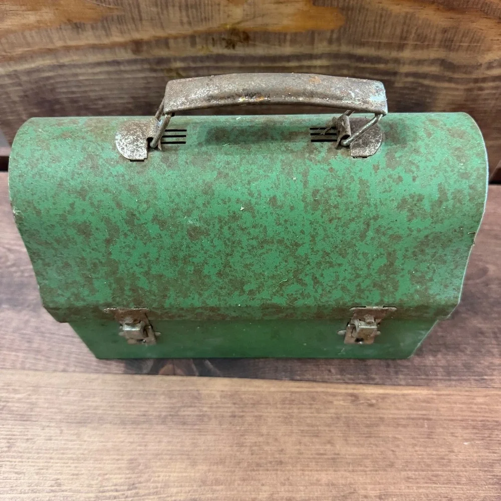 Vintage Antique Green Metal Dome Top Lunch Box Pail Star Embossed Patented 1920s
